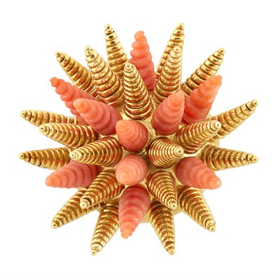 Lot 215 - Gold and Carved Coral 'Sea Urchin' Clip-Brooch, Tiffany & Co.