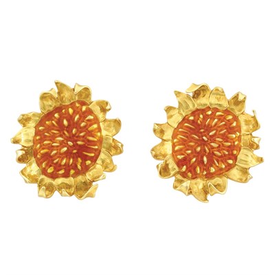 Lot 263 - Pair of Gold and Enamel Sunflower Earclips, Angela Cummings