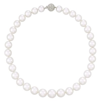Lot 358 - South Sea Cultured Pearl Necklace with White Gold and Diamond Ball Clasp