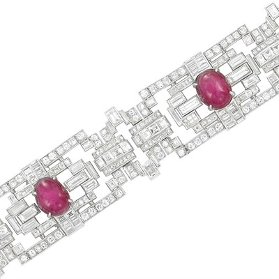 Lot 425 - Art Deco Platinum, Cabochon Ruby and Diamond Bracelet