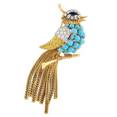Lot 214 - Gold, Platinum, Diamond, Turquoise and Cabochon Sapphire Bird Fringe Clip-Brooch, France