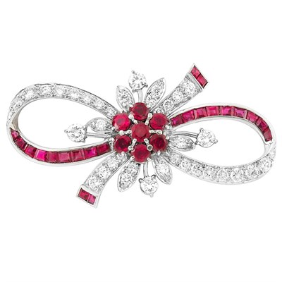 Lot 421 - Palladium, Ruby and Diamond Bow Brooch, Tiffany & Co.