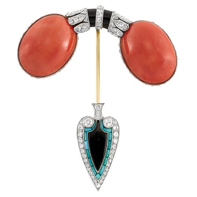 Lot 110 - Art Deco Platinum, White Gold, Coral, Diamond, Black Onyx and Turquoise Jabot