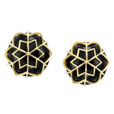 Lot 201 - Pair of Gold and Black Onyx Earclips, David Webb