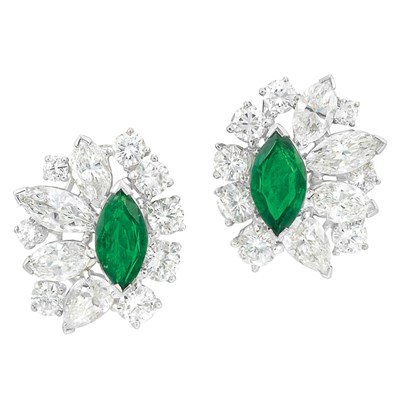 Lot 151 - Pair of Platinum, Emerald and Diamond Earclips, Oscar Heyman Bros.