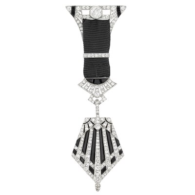 Lot 118 - Platinum, Diamond, Black Onyx and Black Grosgrain Ribbon Lapel Watch, Van Cleef & Arpels, Paris