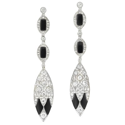 Lot 410 - Pair of Platinum, Diamond and Black Onyx Pendant-Earrings