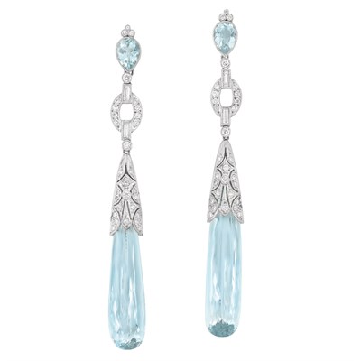 Lot 322 - Pair of Platinum, Diamond and Aquamarine Pendant-Earrings