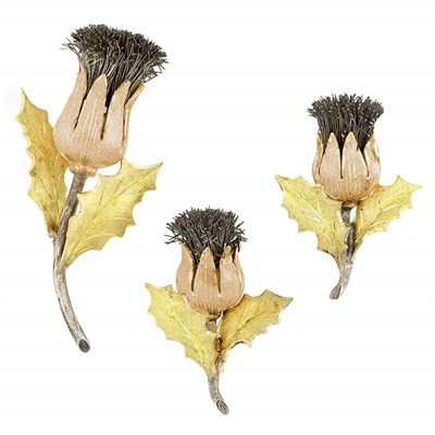 Lot 71 - Two-Color Gold and Silver Thistle Clip-Brooch and Pair of Earrings, Gianmaria Buccellati