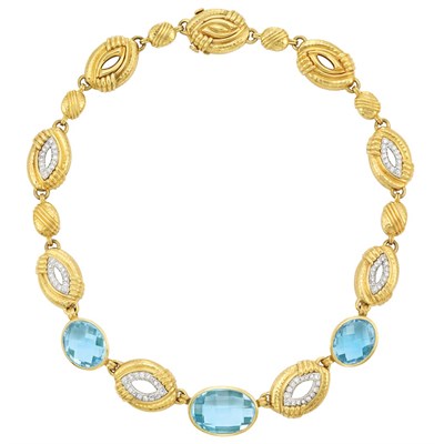 Lot 243 - Gold, Platinum, Blue Topaz and Diamond Necklace, Andrew Clunn
