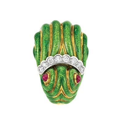 Lot 19 - Gold, Platinum, Green Enamel, Diamond and Cabochon Ruby Ring, Andrew Clunn
