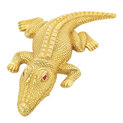 Lot 25 - Gold and Cabochon Ruby Alligator Clip-Brooch, Andrew Clunn