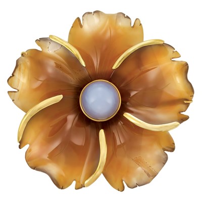 Lot 270 - Gold, Carved Carnelian and Dyed Bluish-Gray Chalcedony Flower Brooch, Andrew Clunn
