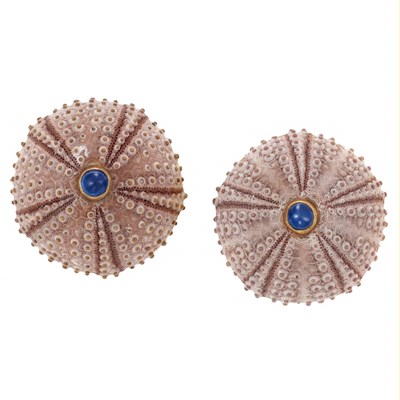 Lot 274 - Pair of Gold, Shell and Cabochon Sapphire Earclips, Andrew Clunn