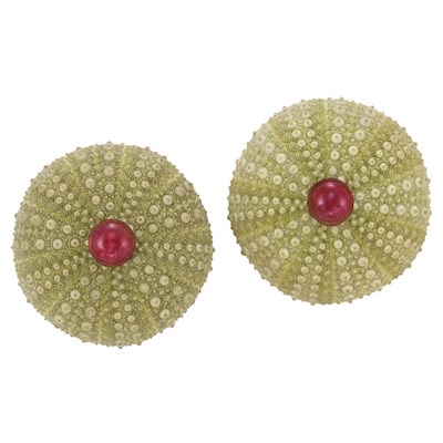 Lot 26 - Pair of Gold, Green Shell and Cabochon Pink Tourmaline Earclips, Andrew Clunn