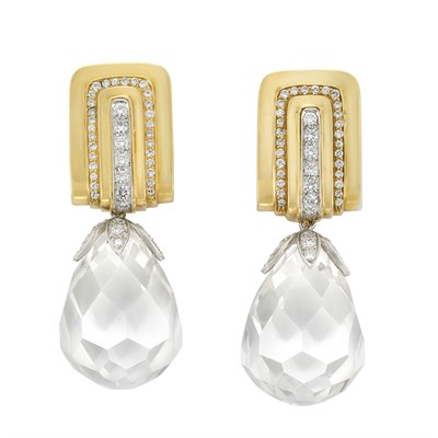 Lot 257 - Pair of Gold, Diamond and Rock Crystal Briolette Pendant-Earclips, Andrew Clunn