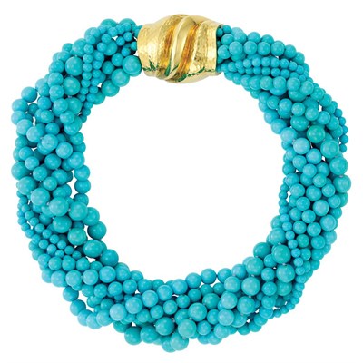 Lot 4 - Multistrand Turquoise Bead Torsade Necklace with Hammered Gold Clasp, Andrew Clunn