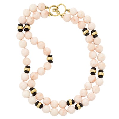Lot 96 - Double Strand Angel Skin Coral, Gold and Black Onyx Bead Necklace, by Andrew Clunn