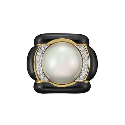 Lot 103 - Gold, Mabe Pearl, Diamond and Black Enamel Ring, Andrew Clunn