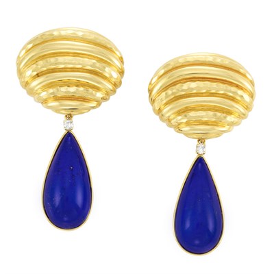 Lot 123 - Pair of Gold, Diamond and Lapis Pendant-Earclips, Andrew Clunn