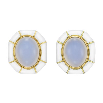 Lot 269 - Pair of Gold, Dyed Bluish-Gray Chalcedony and White Enamel Earclips, Andrew Clunn