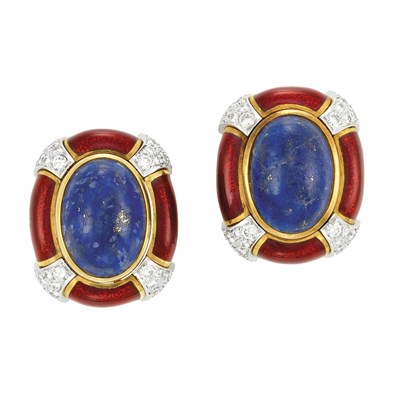 Lot 127 - Pair of Gold, Platinum, Lapis, Diamond and Enamel Earclips, Andrew Clunn