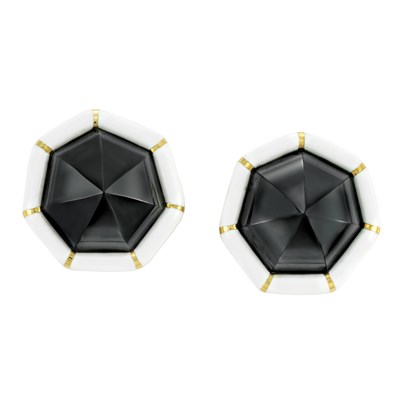 Lot 57 - Pair of Gold, Hematite and White Enamel Earclips, Andrew Clunn