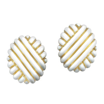Lot 16 - Pair of Gold and White Enamel Earclips, Andrew Clunn