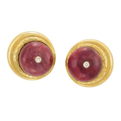 Lot 244 - Pair of Gold, Ruby Bead and Diamond Earclips, Andrew Clunn