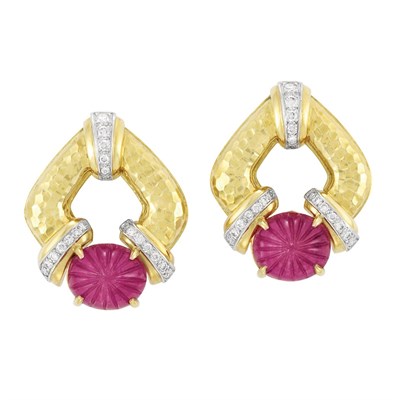 Lot 251 - Pair of Gold, Platinum, Carved Ruby and Diamond Earclips, Andrew Clunn