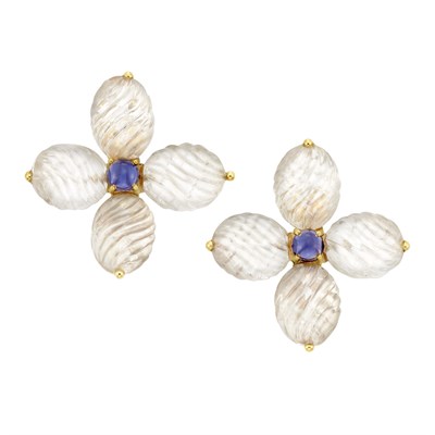 Lot 159 - Pair of Gold, Fluted Rock Crystal and Cabochon Iolite Flower Earclips, Andrew Clunn