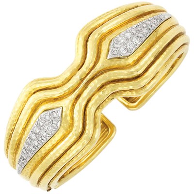 Lot 234 - Hammered Gold, Platinum and Diamond Bangle Bracelet, Andrew Clunn