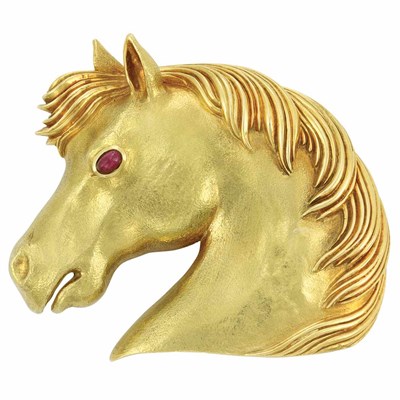 Lot 246 - Gold and Cabochon Ruby Horse Head Clip-Brooch, Andrew Clunn