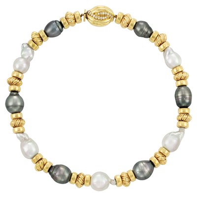 Lot 106 - Gold, South Sea Baroque Cultured Pearl, Tahitian Gray Semi-Baroque Cultured Pearl and Diamond Necklace, by Andrew Clunn
