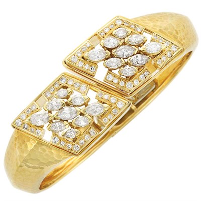 Lot 90 - Hammered Gold and Diamond Bangle Bracelet, Andrew Clunn