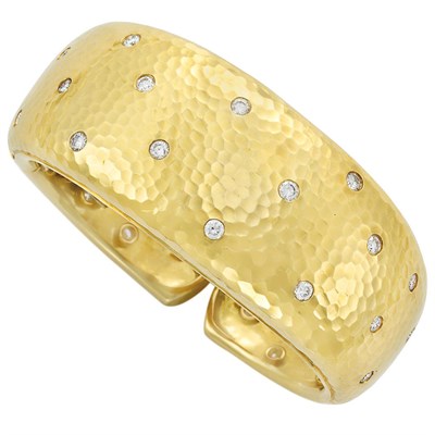 Lot 241 - Hammered Gold and Diamond Cuff Bangle Bracelet, Andrew Clunn