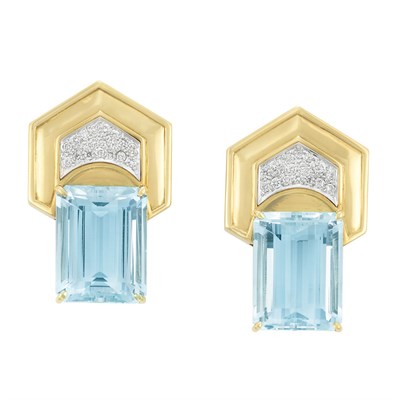 Lot 252 - Pair of Gold, Platinum, Aquamarine and Diamond Earclips, Andrew Clunn
