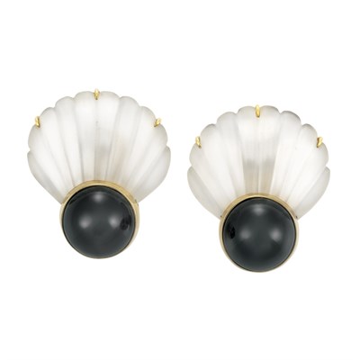 Lot 55 - Pair of Gold, Fluted Frosted Rock Crystal and Hematite Earclips, Andrew Clunn