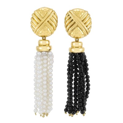 Lot 94 - Pair of Gold, Cultured Pearl and Black Onyx Bead Fringe Earclips, Andrew Clunn