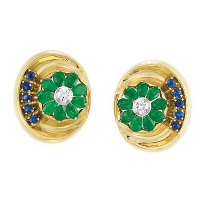 Lot 173 - Pair of Gold, Diamond, Emerald and Sapphire Earclips, Andrew Clunn