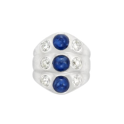 Lot 338 - Platinum, Cabochon Sapphire and Diamond Triple Band Gypsy Ring