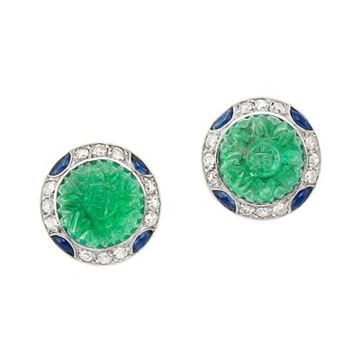 Lot 400 - Pair of Art Deco Platinum, Carved Emerald, Diamond and Cabochon Sapphire Earrings