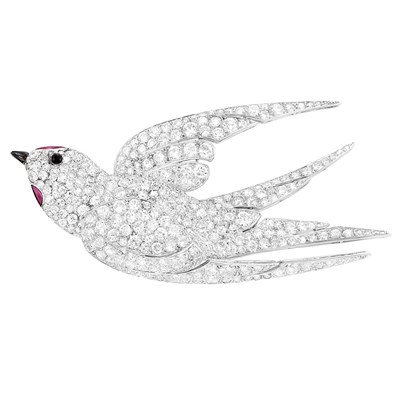 Lot 324 - Platinum, Diamond, Ruby and Black Enamel Bird Brooch