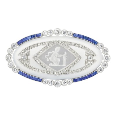Lot 330 - Platinum, Frosted Rock Crystal, Diamond, Sapphire and Reverse Crystal Intaglio Brooch