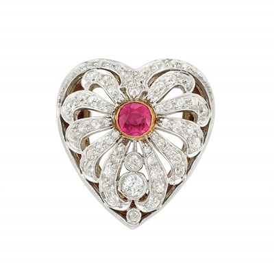 Lot 331 - Belle Epoque Platinum, Gold, Ruby and Diamond Heart Pendant-Brooch