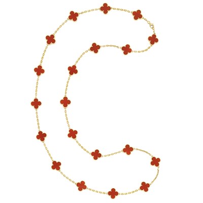 Lot 199 - Long Gold and Carnelian 'Alhambra' Chain Necklace, Van Cleef & Arpels, France