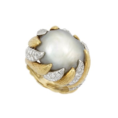Lot 68 - Gold, Platinum, South Sea Semi-Baroque Cultured Pearl and Diamond Ring, David Webb