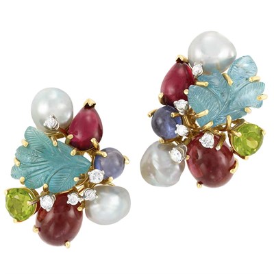 Lot 186 - Pair of Gold, Carved Aquamarine, Gem-Set, Diamond and Cultured Pearl Cluster Earclips, Seaman Schepps