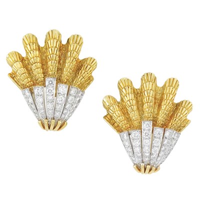 Lot 230 - Pair of Gold, Platinum and Diamond Shell Earclips, David Webb