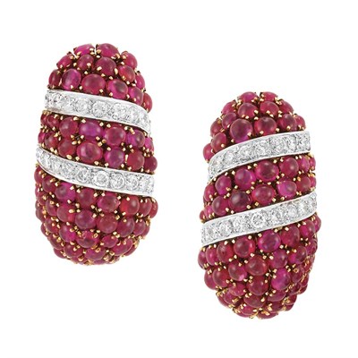 Lot 372 - Pair of Gold, Platinum, Cabochon Ruby and Diamond Hoop Earclips, David Webb